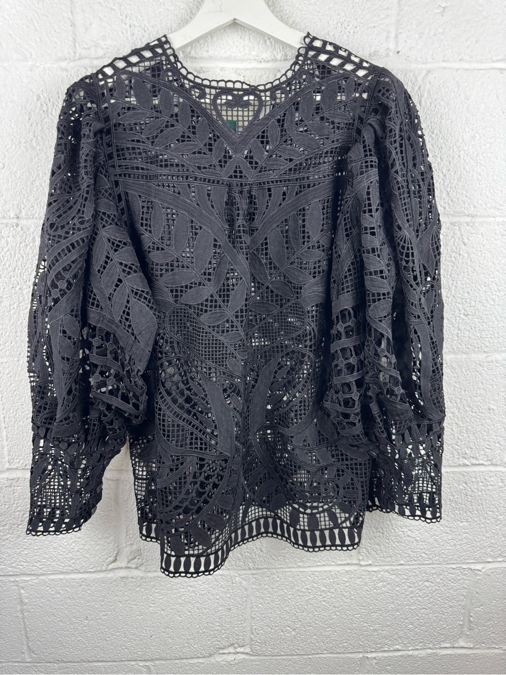 FARM Rio Black Guipure Lace Puff Sleeve Blouse Top Size M Sheer - Picture 9 of 11